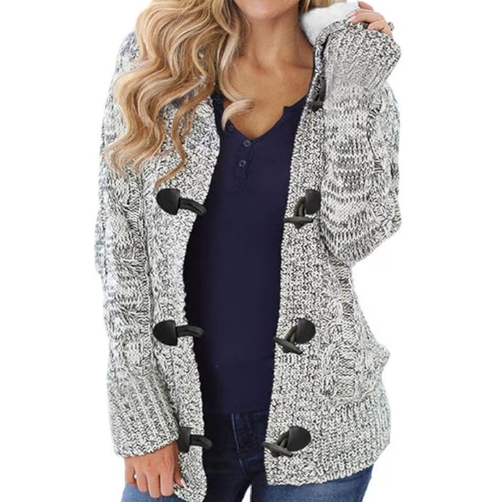 Hooded Toggle Closure Cable Knit Sweater Cardigan Coat W/Pockets- Women's XL